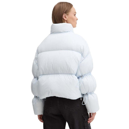 Moose Knuckles Light Blue Nylon Women Jacket with drawstring sleeves for stylish warmth, back view highlighting cozy design.