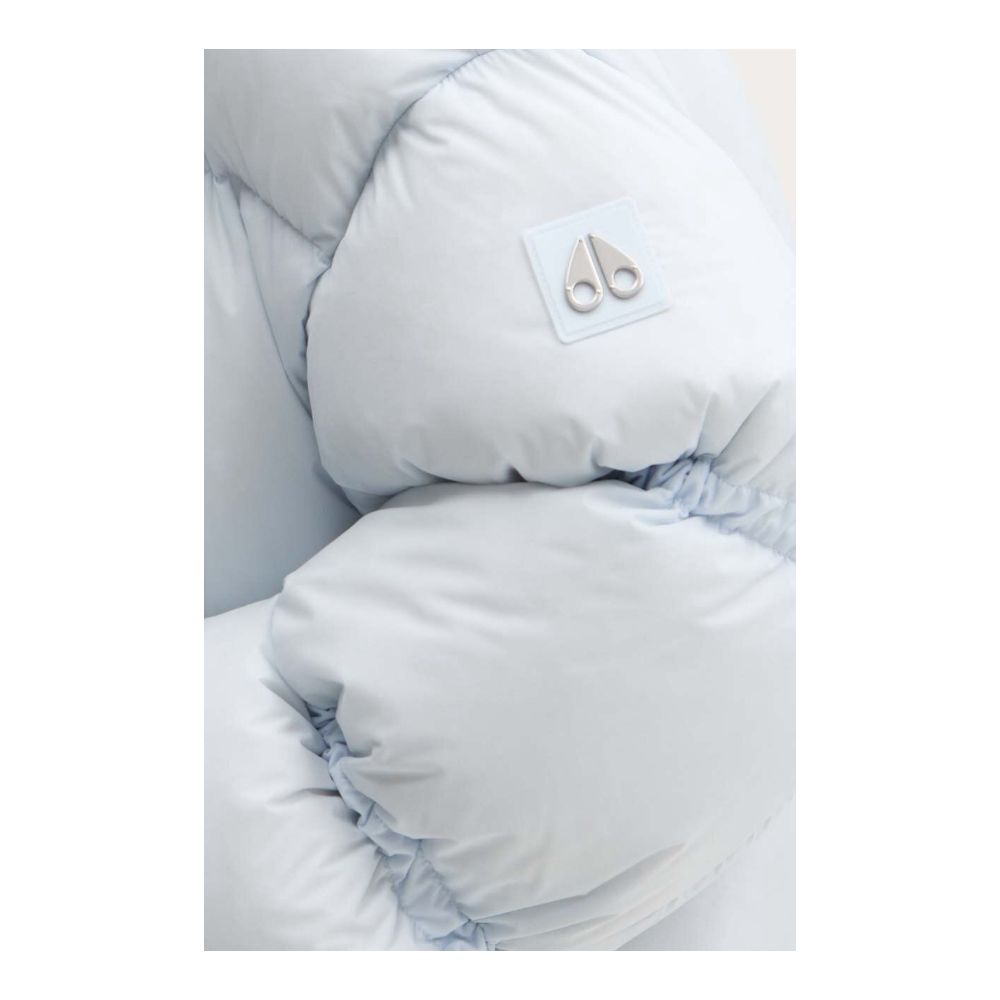 Moose Knuckles Light Blue Nylon Women Jacket close-up showing fabric detail and logo.