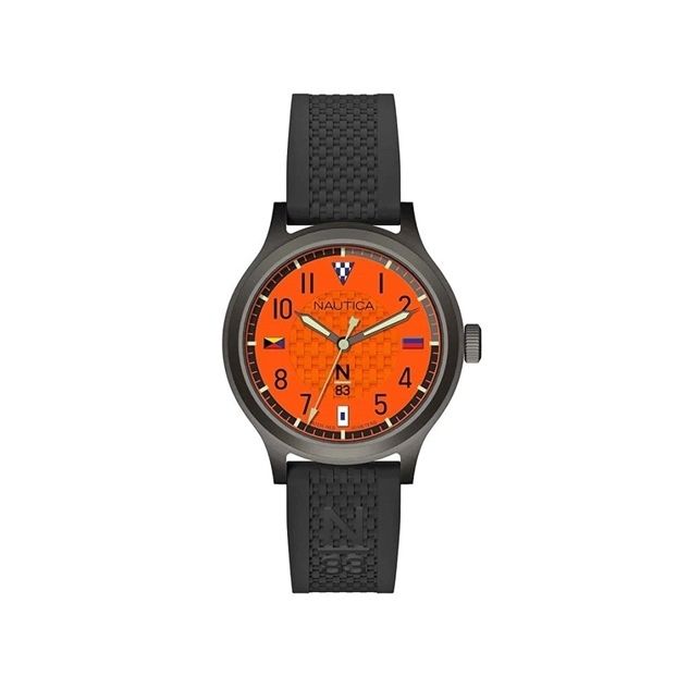 NAUTICA Mod. NAPCFS915 quartz gent's watch with orange dial and black bracelet, water resistant 5 ATM, in official box.