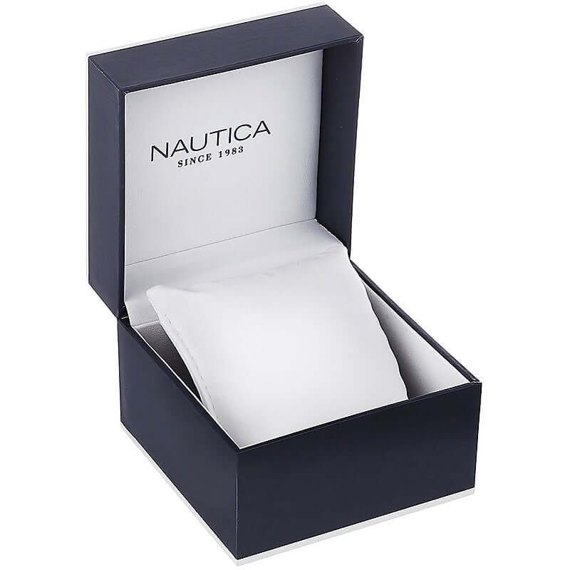 Official box packaging for NAUTICA Mod. NAPFWS302 watch, showcasing sleek design and brand quality focus.