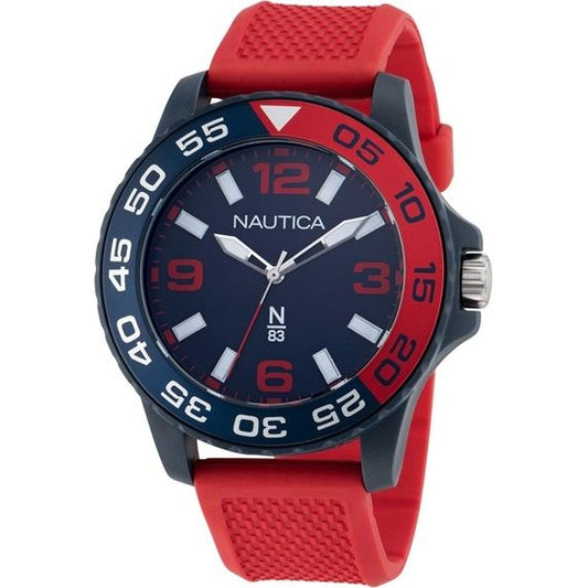 NAUTICA Mod. NAPFWS303 gent's quartz analog watch with 45mm case, red bracelet, mineral dial, 5 ATM water resistance, in official box.