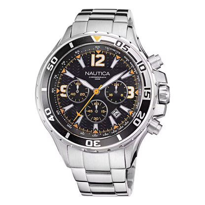 NAUTICA Mod. NAPNSS217 gent's quartz analog watch with 49mm case, multifunction dial, water-resistant 10 ATM, mineral dial material.