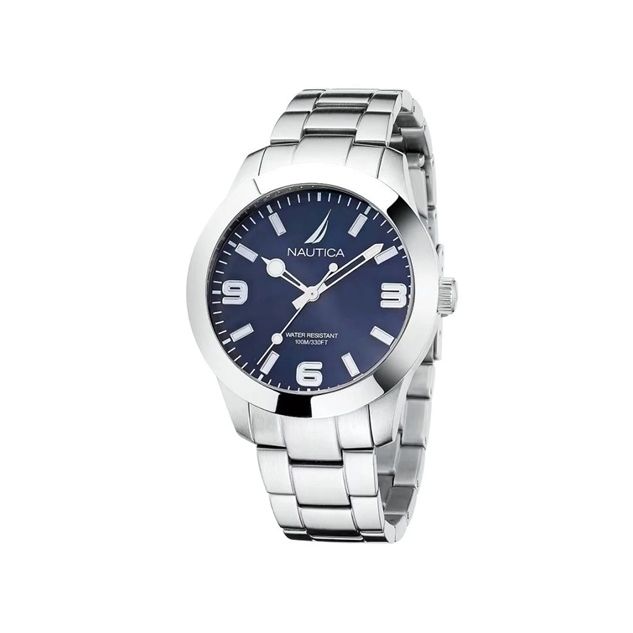 NAUTICA Mod. NAPPBF201 men's bracelet watch with quartz analog movement, 42mm case, and 10 ATM water resistance.