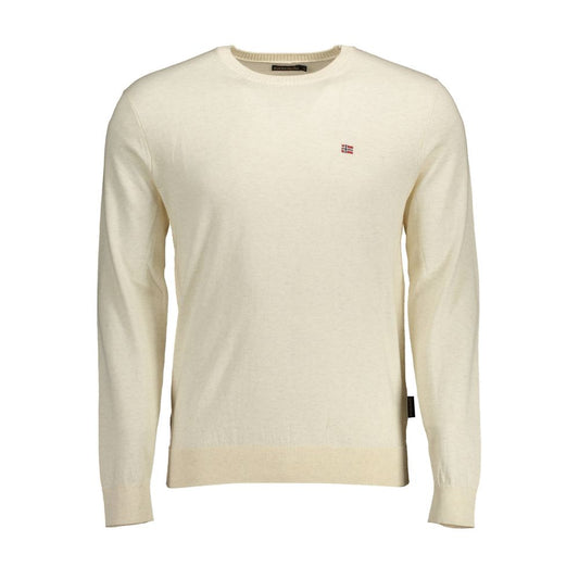 Napapijri Beige Cotton Men Sweater with crew neck and logo embroidery, offering comfort and high-end fashion, made in KH.