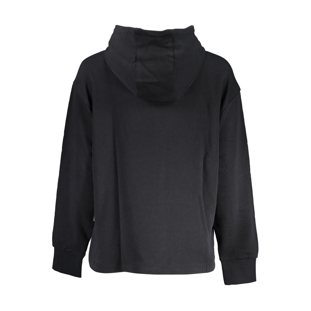 Back view of a Napapijri Black Cotton Women Sweater with hood, showcasing its casual style and brushed cotton texture.