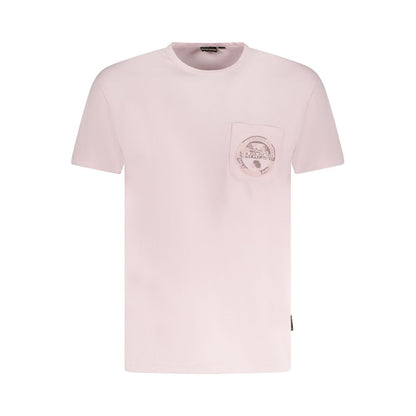 Napapijri Pink Cotton Men T-Shirt with crew neck and pocket detail, showcasing vibrant design and logo print.