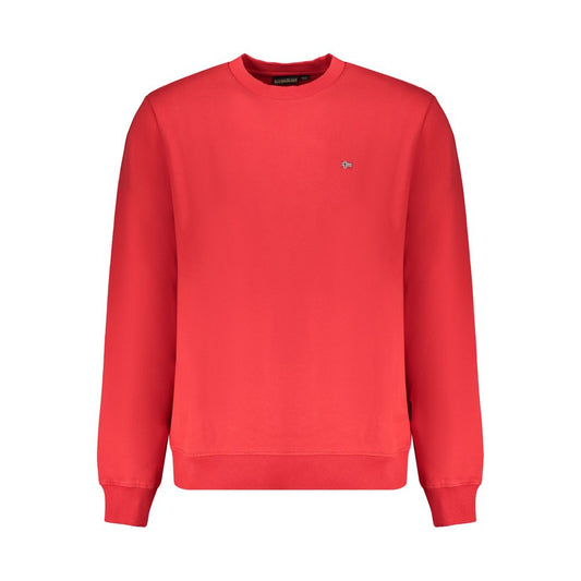 Napapijri Red Organic Cotton Men Sweater with long sleeves and crew neck, featuring bold embroidery and logo, sustainable fashion choice