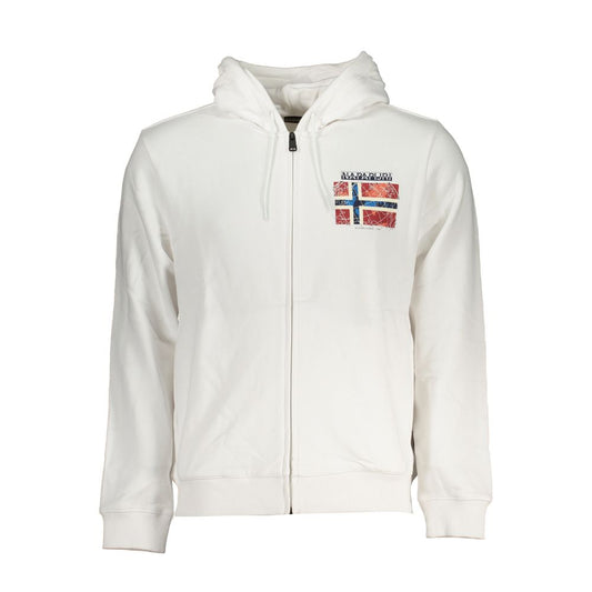 Napapijri White Cotton Men Sweater with zip closure and logo on chest, featuring a hood and two pockets in soft brushed cotton.