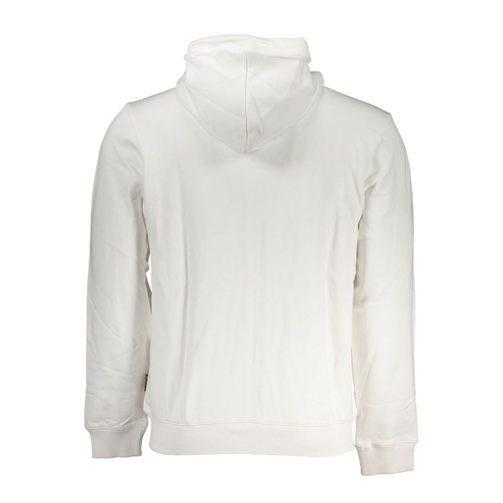 Back view of Napapijri White Cotton Men Sweater showcasing hood and long sleeves in brushed cotton.