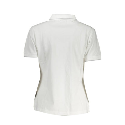 Back view of Napapijri White Cotton Women Polo Shirt displaying sleek design and sharp contrasting details.