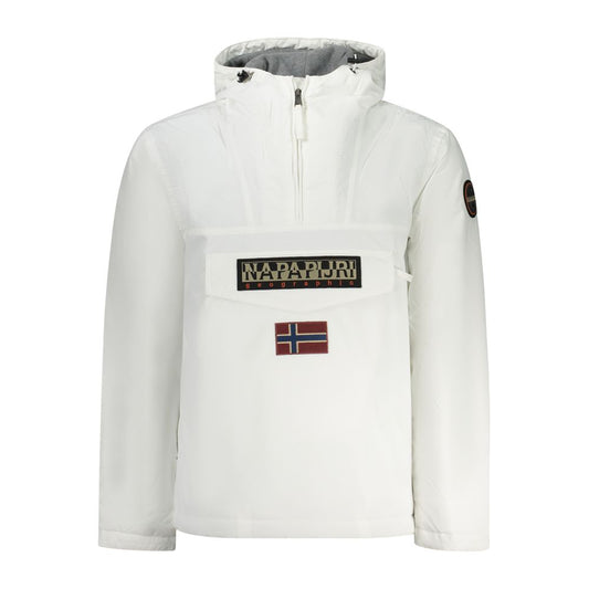Napapijri White Polyamide Men Jacket with hood, central and side zips, featuring eco-friendly design and Norwegian flag detail.