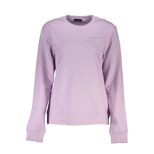 North Sails Purple Cotton Sweater featuring long sleeves, brushed texture, round neck, and logo detailing, made from organic fibers.