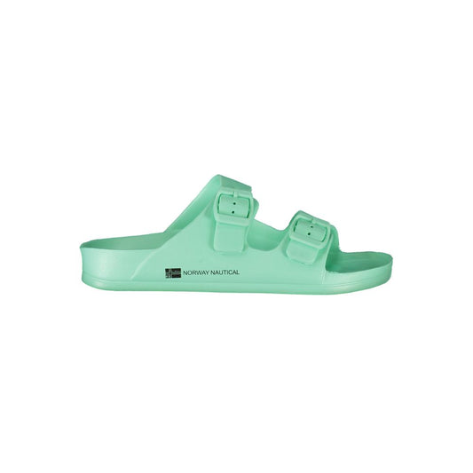 Norway 1963 Green Plastic Women Sandal with dual-buckle design and signature logo, side view showcasing vibrant green color.