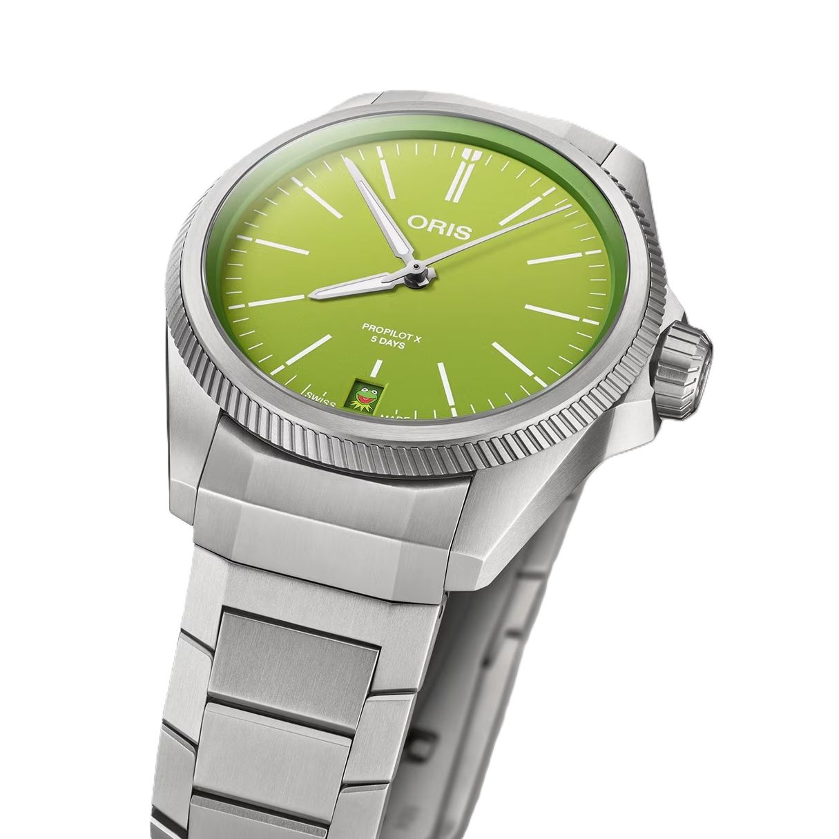ORIS Mod. ProPilot X Kermit Edition - The Muppets serie green dial titanium wristwatch with 10 ATM water resistance, Swiss-made.