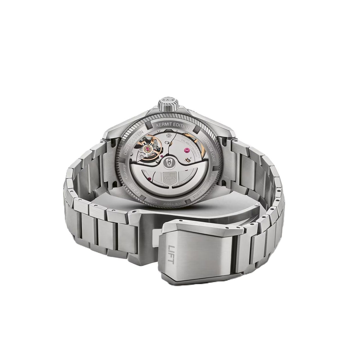 Back view of ORIS Mod. ProPilot X Kermit Edition - The Muppets serie wristwatch, titanium case and bracelet, auto movement.