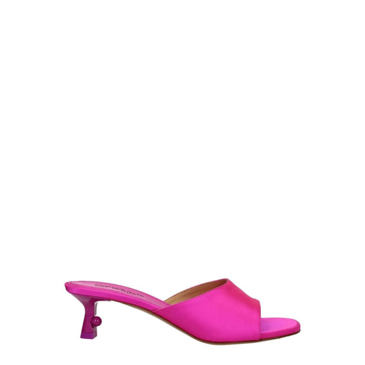 Off-White Pink Satin Stiletto Heel Sandals with open toe and mid heels, featuring fuchsia satin and leather sole, style code F78154.