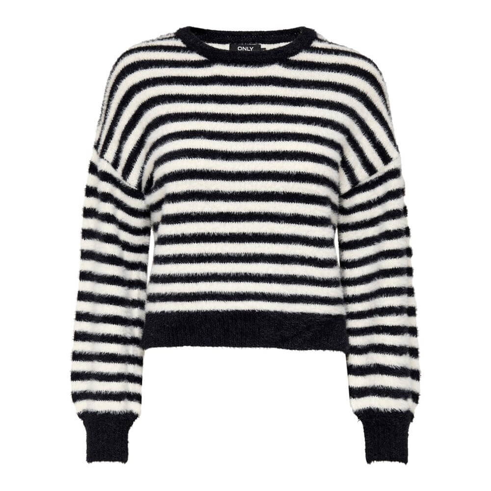 Alt Tag: Only Black And White Marabou Sweatshirt with striped pattern, soft and comfortable women's sweater for casual and stylish outfits