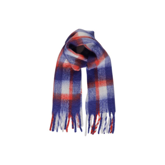 Only Purple Polyester Scarf with checkered design and fringes, made from 50% recycled polyester, suitable for stylish and eco-friendly wear.