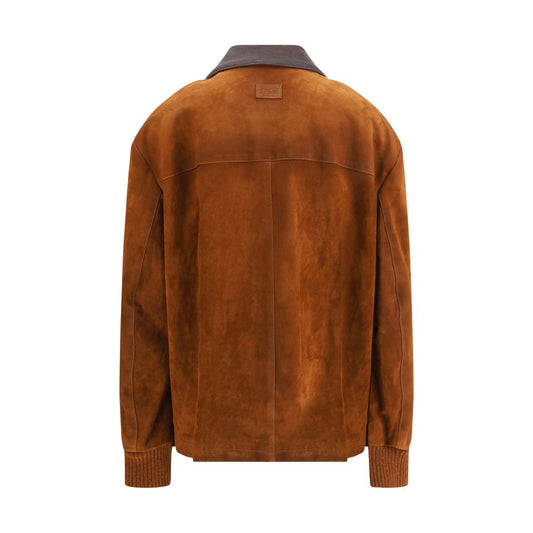 Back view of Oversized Valstarino suede jacket with ribbed cuffs and classic leather collar.