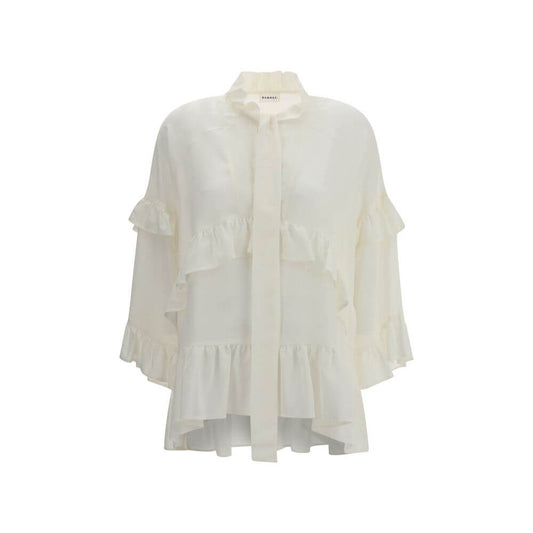 P.A.R.O.S.H. Cream Silk Blouse featuring ruffles, V-neck, and bow closure, made of 100% silk for AW25 season, made in Italy.