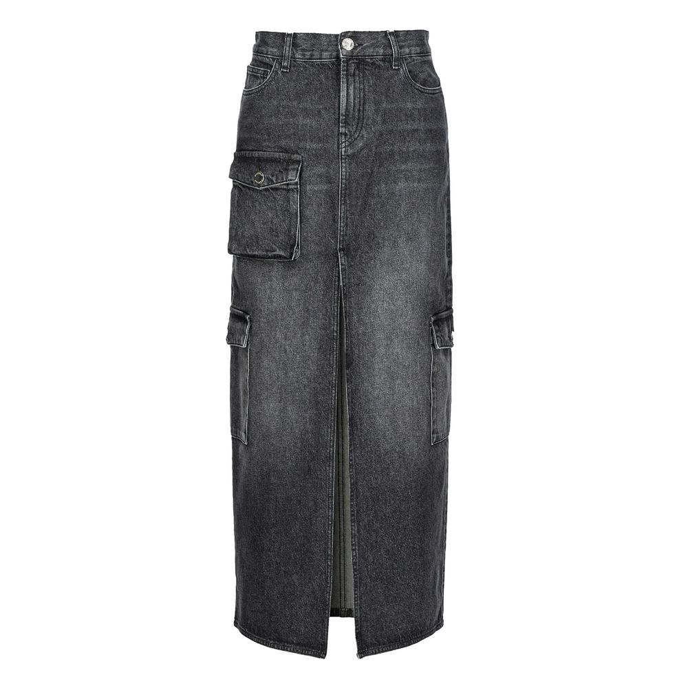 PINKO Black Cotton Skirt with zip closure, back, flap, and side pockets, long length.