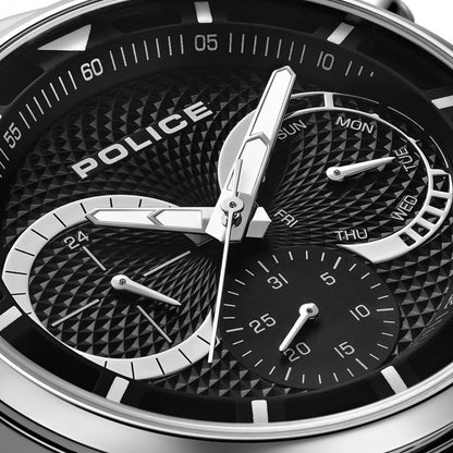 Close-up of POLICE WATCHES Mod. PEWGK0040303M with intricate black dial and silver hands.