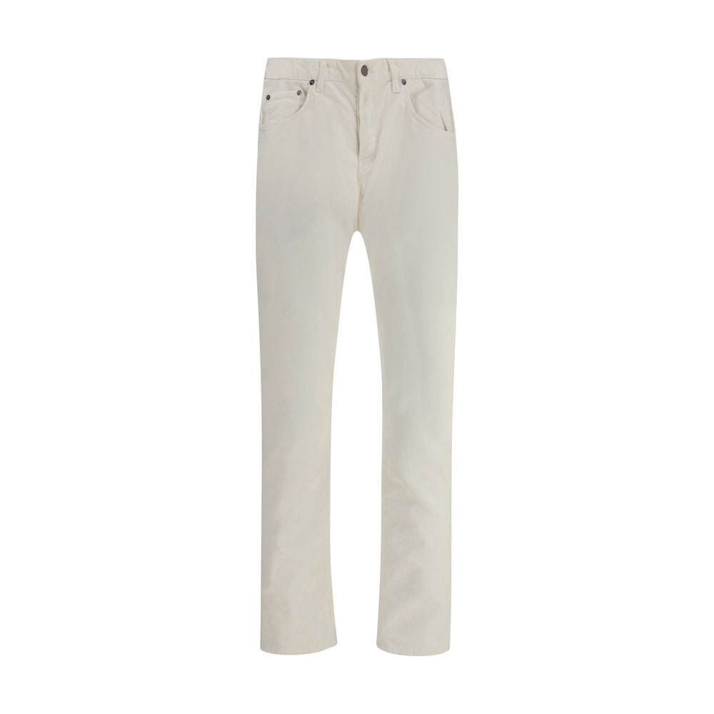 PT Torino White Cotton Pants featuring a five-pocket corduroy design, straight fit, and leather patch. AW25 collection.