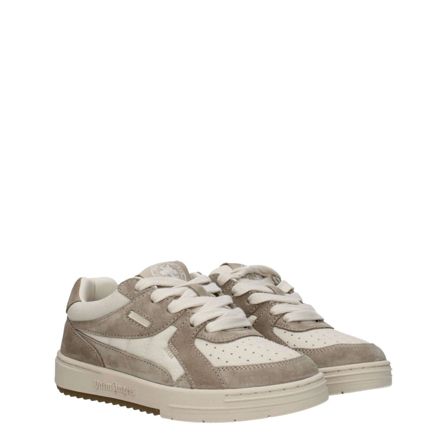 Palm Angels Beige Fabric Low Top Sneakers with lace-up closure, suede material, and rubber sole. Stylish sporty glam sneakers with logos.