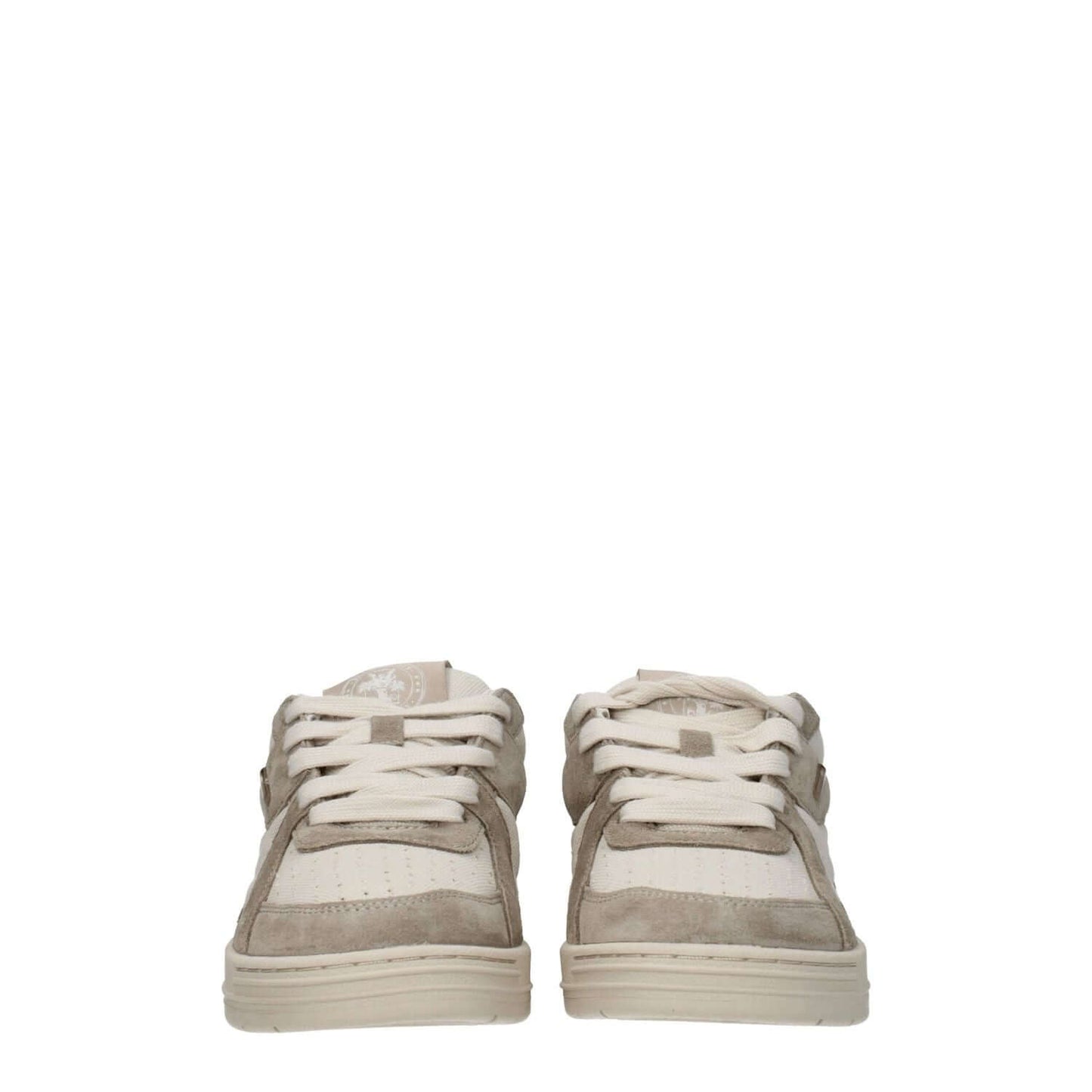 Palm Angels Beige Fabric Low Top Sneakers with logos and suede material, lace-up closure, and rubber sole.
