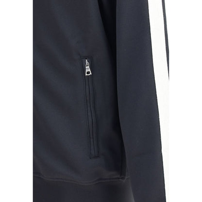 Close-up of Palm Angels Black Polyester Sweatshirt showcasing zipper and striped sleeve detail. Urban style and regular fit.