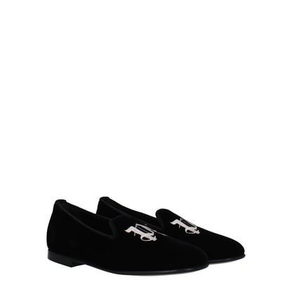 Palm Angels Black Velvet Slip-On Loafers with front logo, round toe, low flat heel, leather sole.