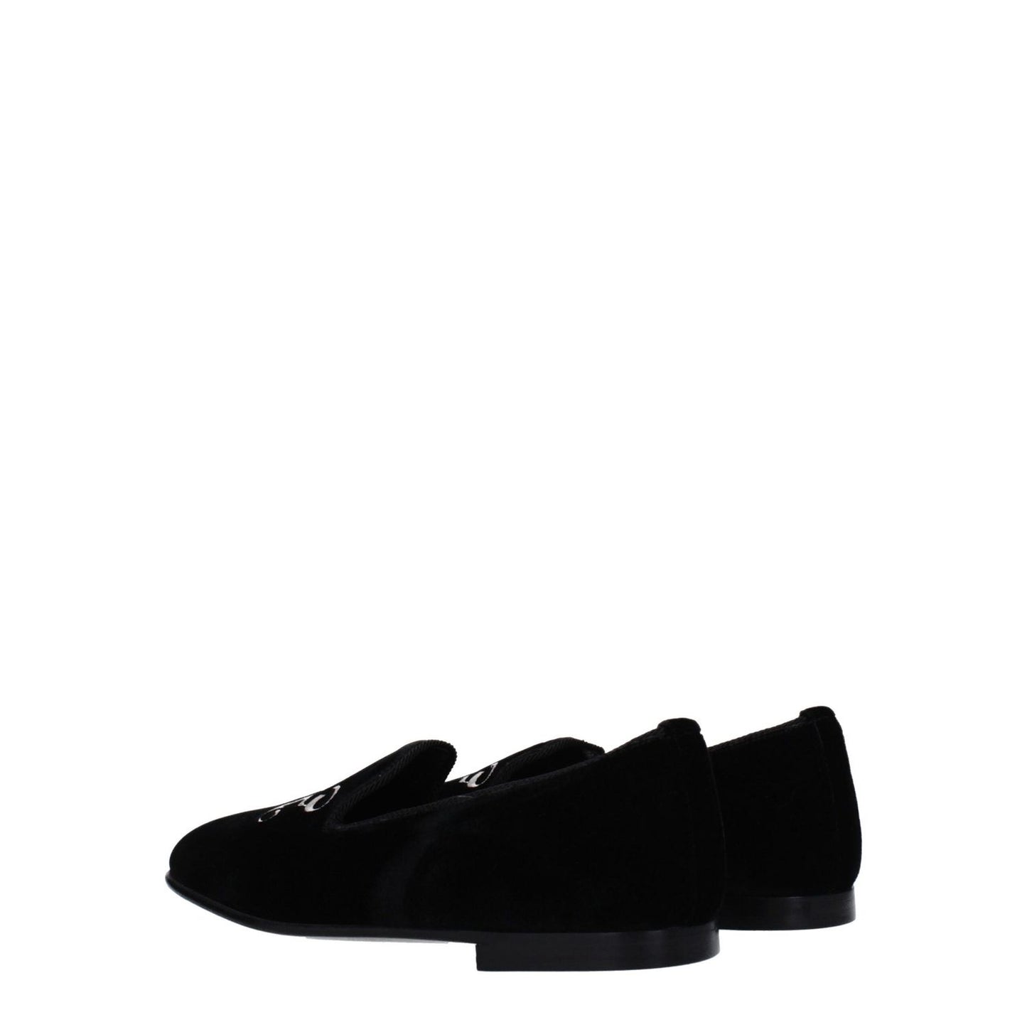 Palm Angels Black Velvet Slip-On Loafers with leather sole, round toe, casual style, front logo, low heel, product code F79080.