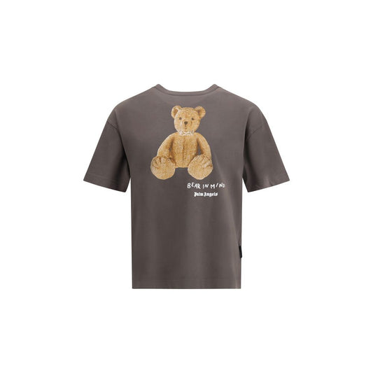Palm Angels Gray Cotton T-Shirt with iconic bear design on back