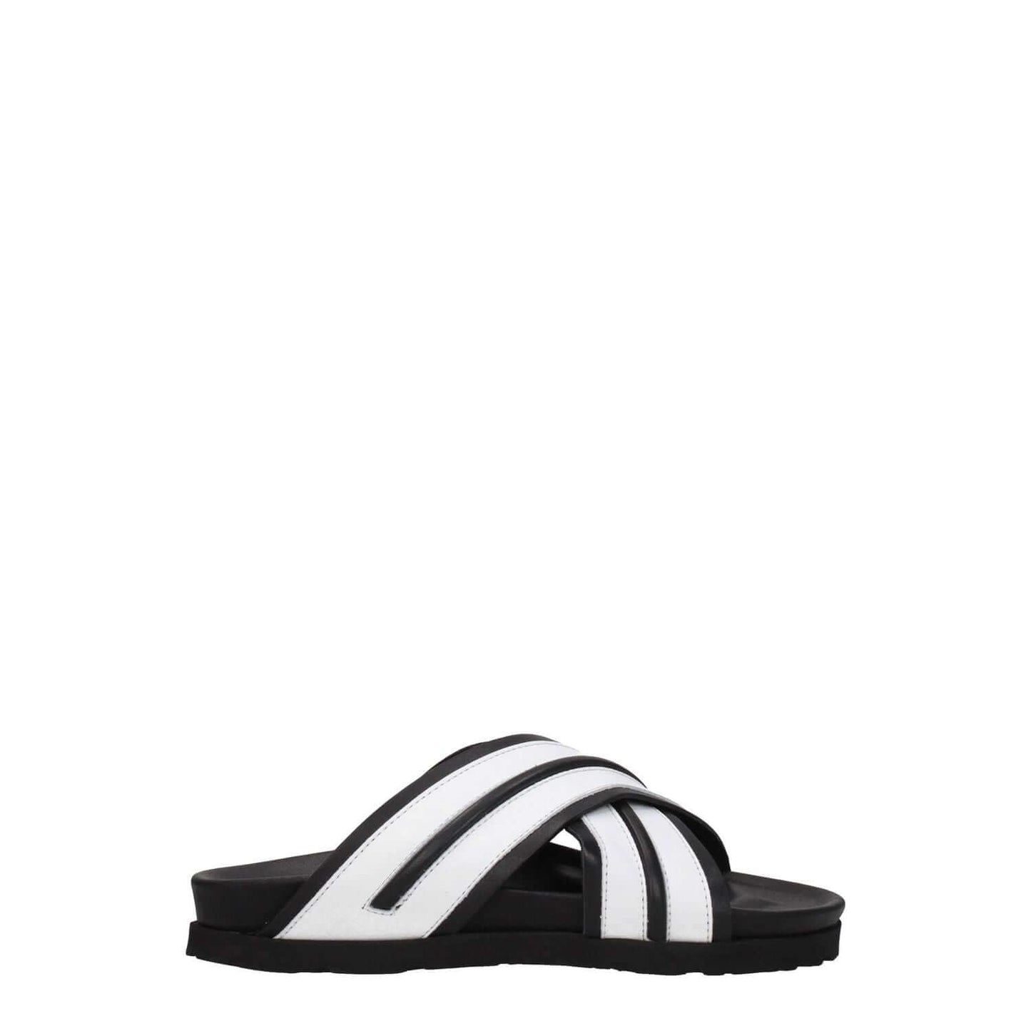 Palm Angels White Leather Slippers with black accents, open toe, low flat heel, and rubber sole for casual wear.