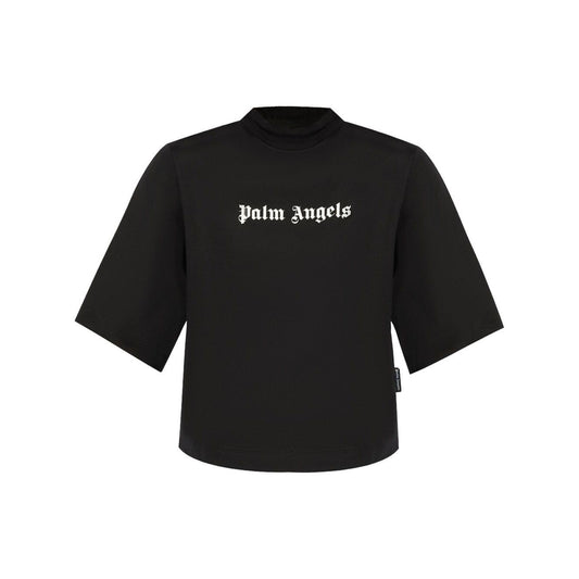 Palm Angels crop T-shirt with logo, black crew neck, drop shoulder, short sleeves, front view