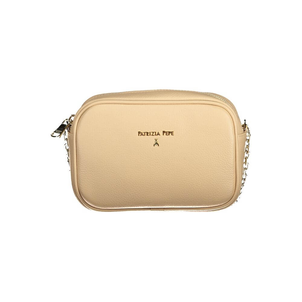 Patrizia Pepe Beige Leather Handbag with adjustable shoulder strap, internal pocket, zip closure, and logo detailing.