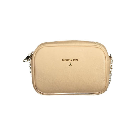 Patrizia Pepe Beige Leather Handbag with adjustable shoulder strap, internal pocket, zip closure, and logo detailing.