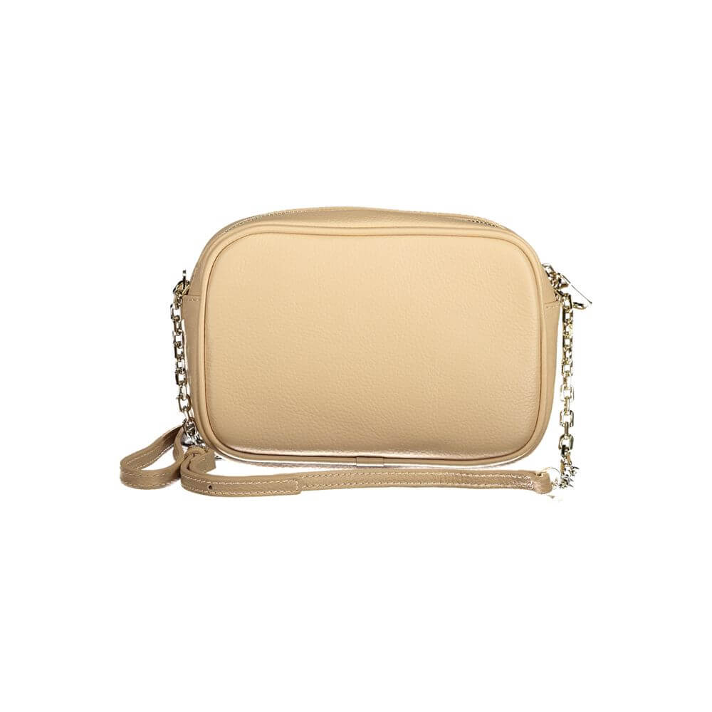 Patrizia Pepe Beige Leather Handbag with adjustable strap, internal pocket, and zip closure. Stylish logo design.
