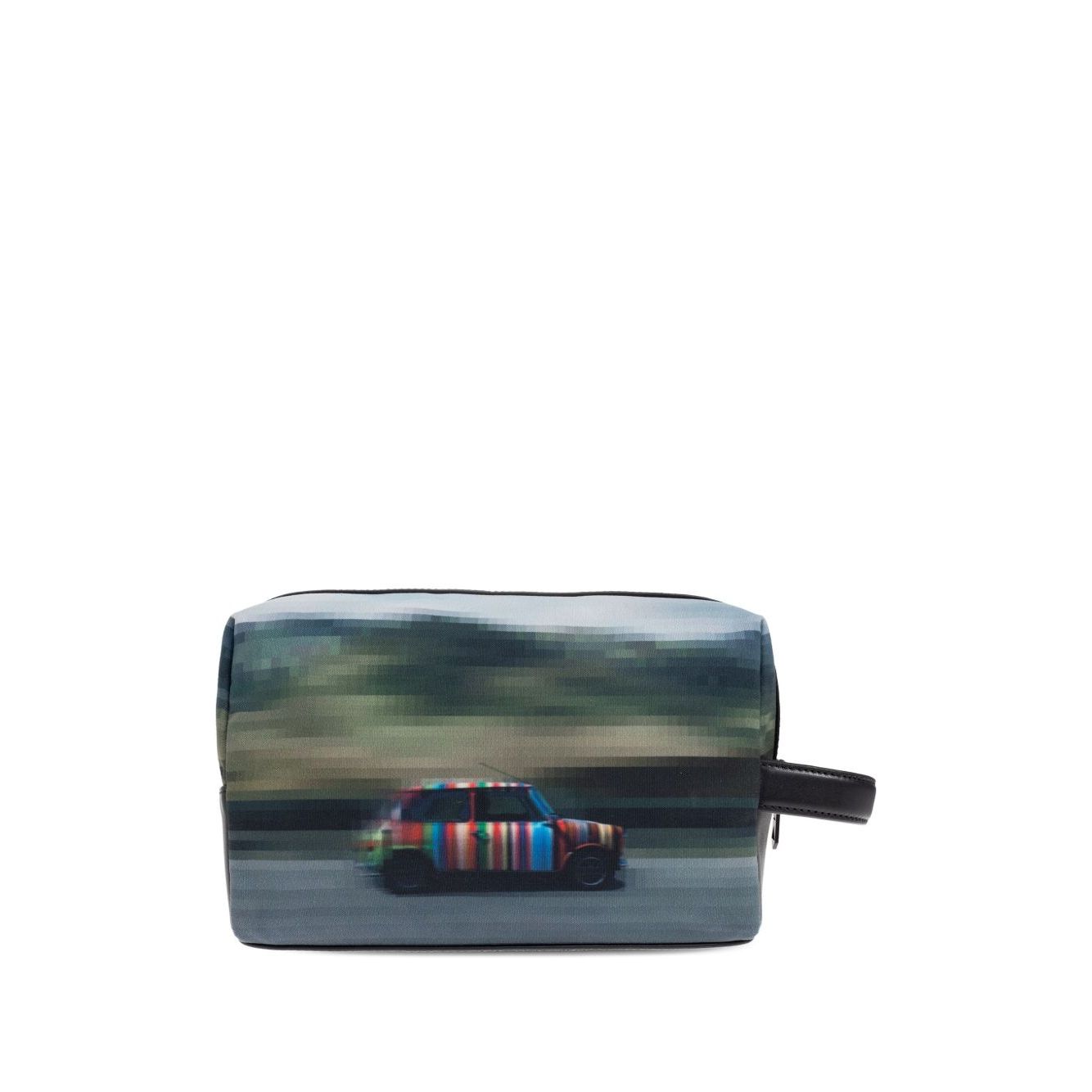 Paul Smith Recycled Polyester 'Pixelated Mini' Washbag with car graphic, leather handle, and zip fastening in grey.