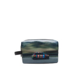 Paul Smith Recycled Polyester 'Pixelated Mini' Washbag with vibrant car graphic, featuring grey zip fastening and leather top handle.