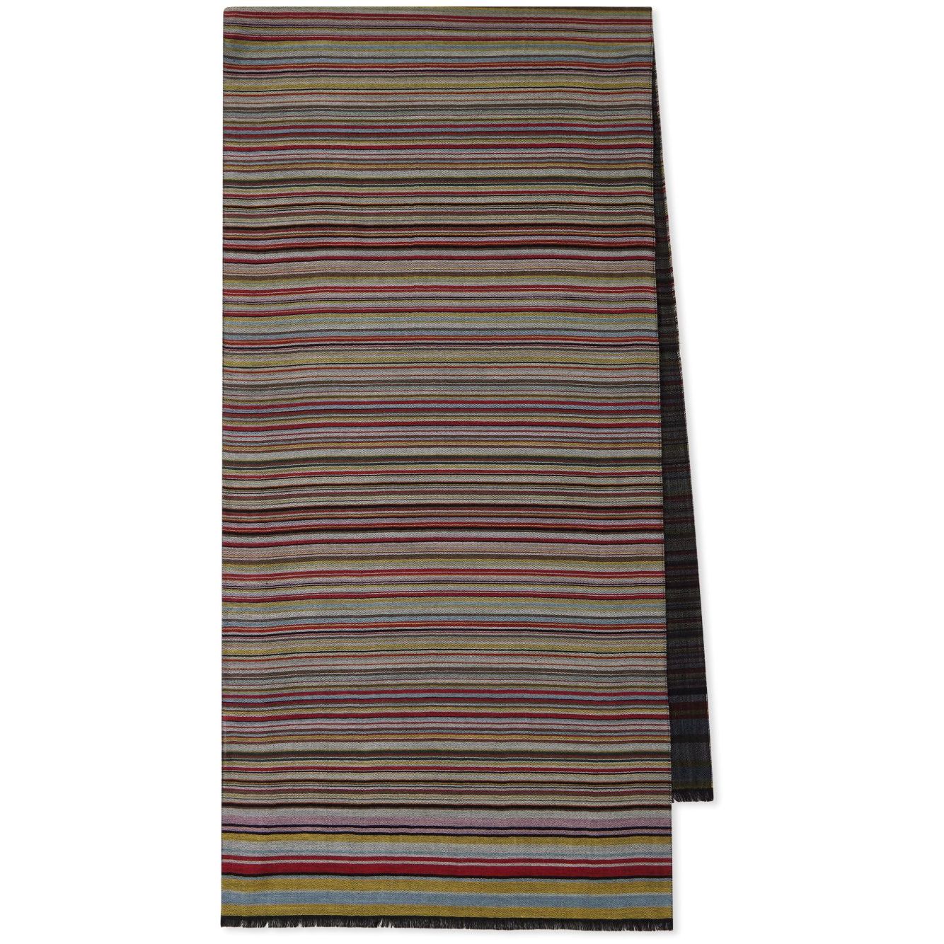 Paul Smith Signature Stripe wool and silk scarf, dark red with frayed edges, wraparound style.