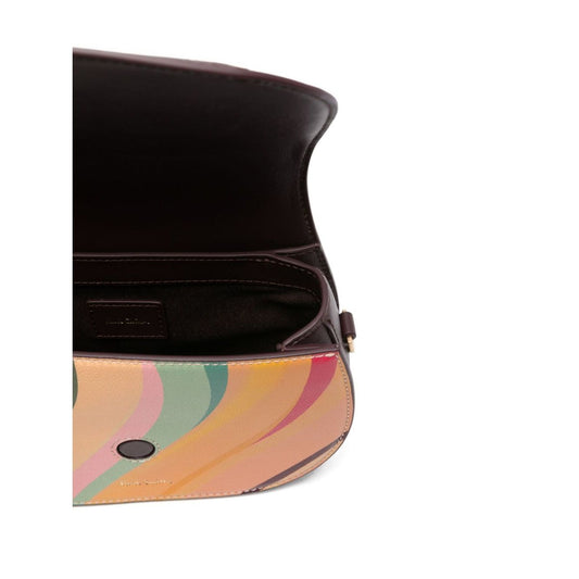 Paul Smith Swirl Leather Saddle Bag with open flap showing multicolor swirl pattern and brown leather interior.
