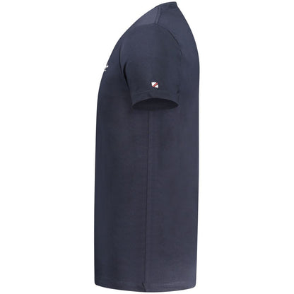 Side view of Pepe Jeans Blue Cotton Men T-Shirt showcasing slim fit and crew neck design.