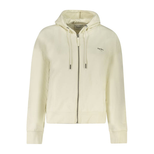 Pepe Jeans White Cotton Women Hoodie with zip-up design and sleek print, featuring iconic logo for cozy and stylish off-duty look.