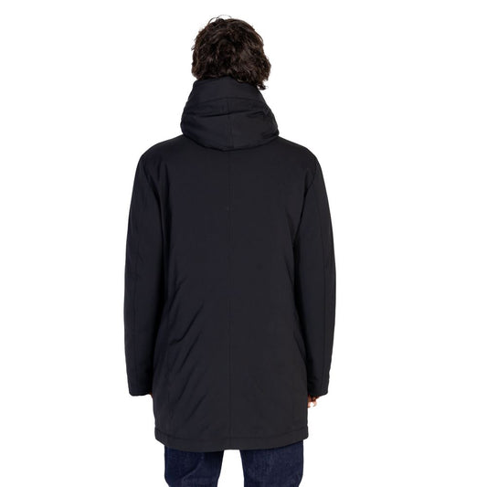 Rear view of Peuterey Black Polyester Jackets & Coat with hood, showcasing minimalist design and durable material.