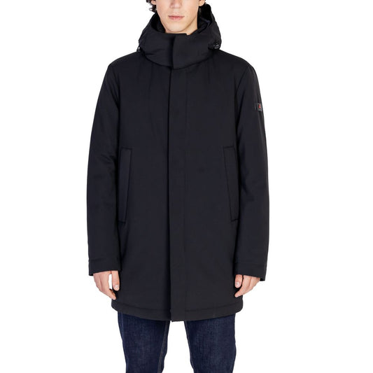 Peuterey Black Polyester Jackets & Coat with concealed front closure and adjustable hood for modern style.