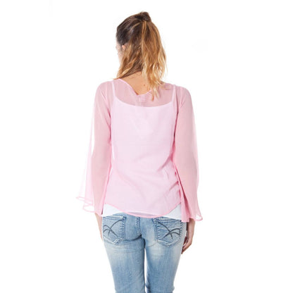 Back view of Phard Pink Silk Women Top with long sleeves worn by a model, showcasing elegance and Italian craftsmanship.