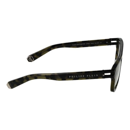 Philipp Plein Green Titanium Glasses (Frames) shown from side with camouflage-style temples, full-rim square design, and branded case included.