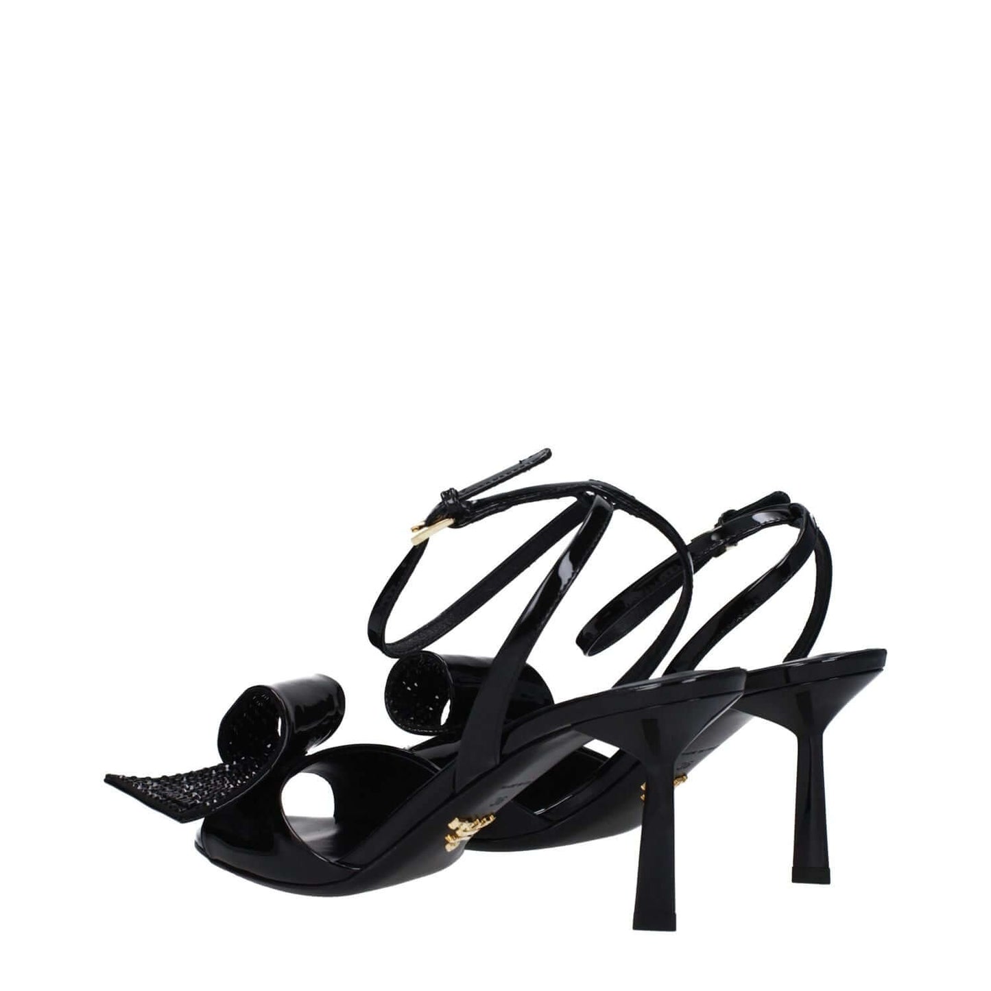 Prada Black Leather Stiletto Heel Sandals with buckle closure and side detail, featuring 7.5 cm mid heel and open toe design.