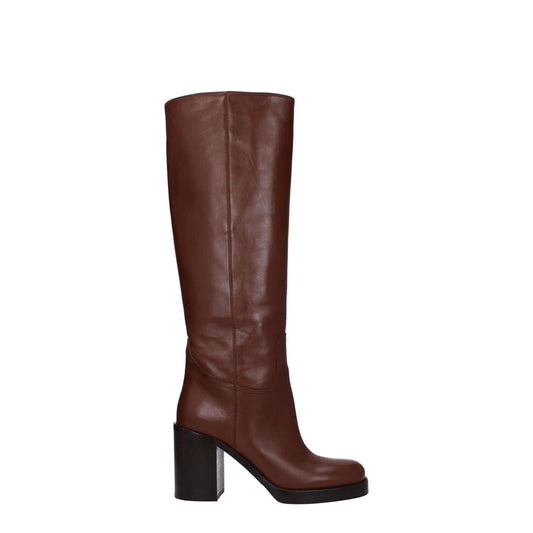 Prada Brown Leather High Heel Boots with round toe and 9 cm heel, in a stylish casual design, featuring cognac accents.